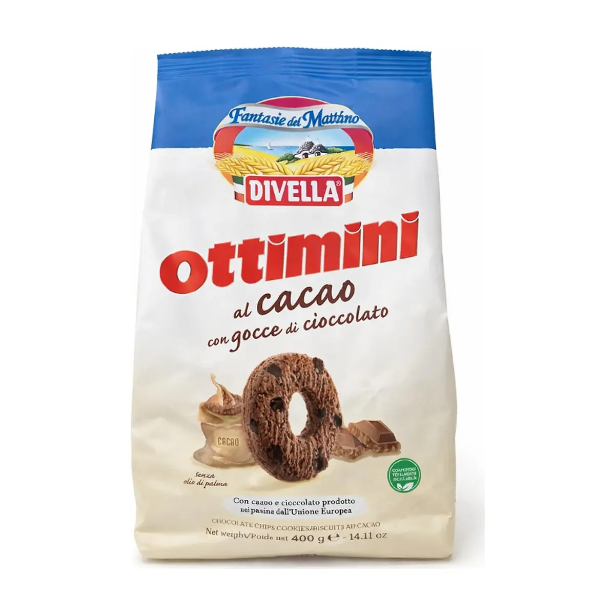 Galletas de cacao con chispas de chocolate Ottimini Divella (400 g / 14.11 oz)