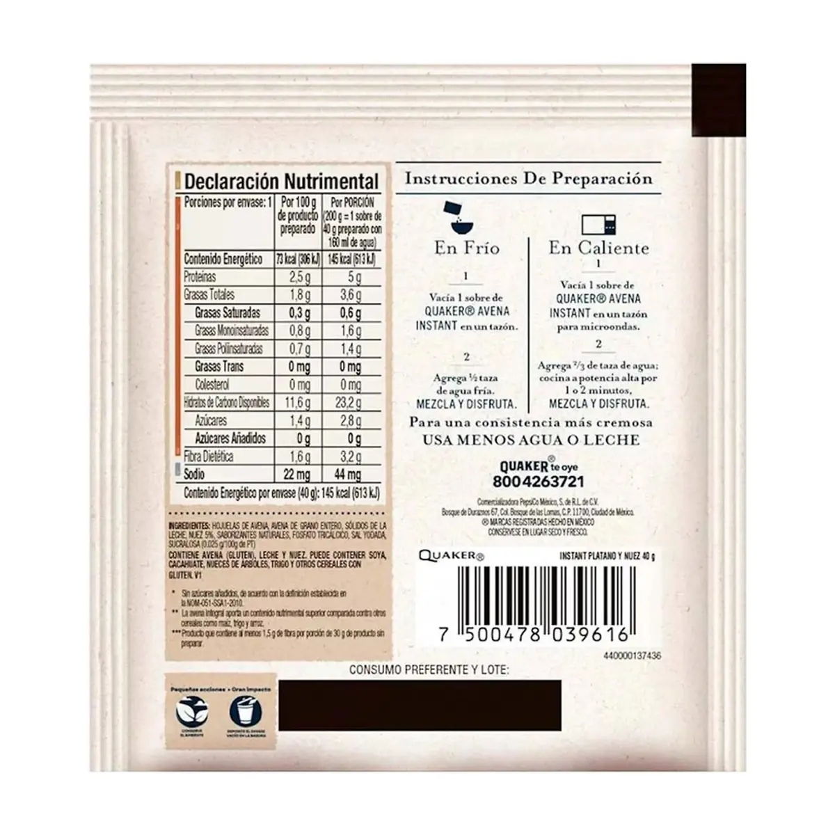Avena integral sin azúcar sabor plátano y nuez Quaker (40 g / 1.41 oz) - Thumbnail 6