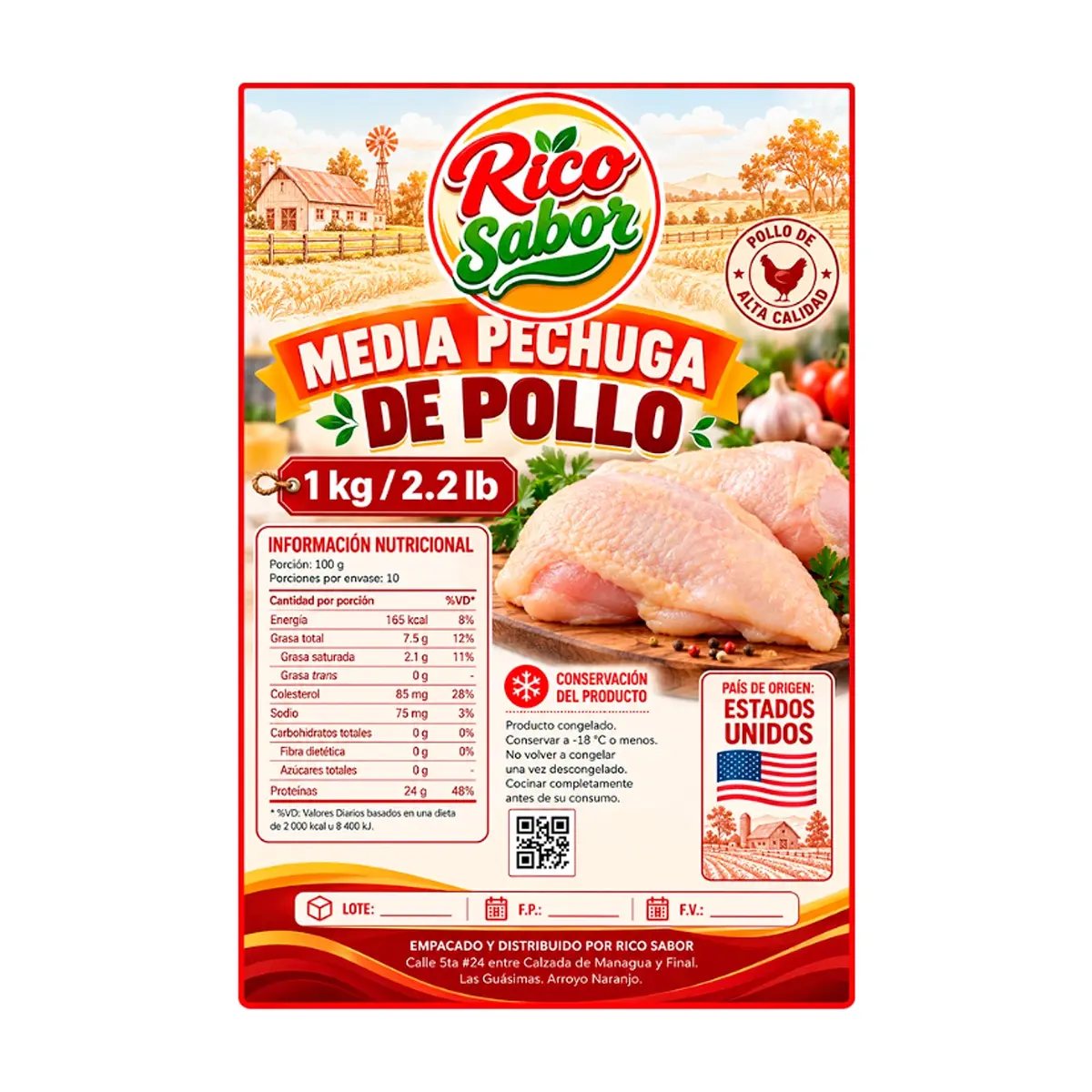 Media pechuga de pollo con piel y sin hueso Rico Sabor (1 kg / 2.2 lb) - Miniatura 2
