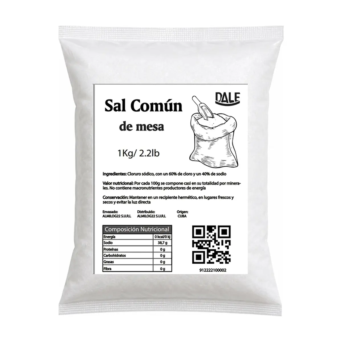 Sal común de mesa Dale (1 kg / 2.2 lb)