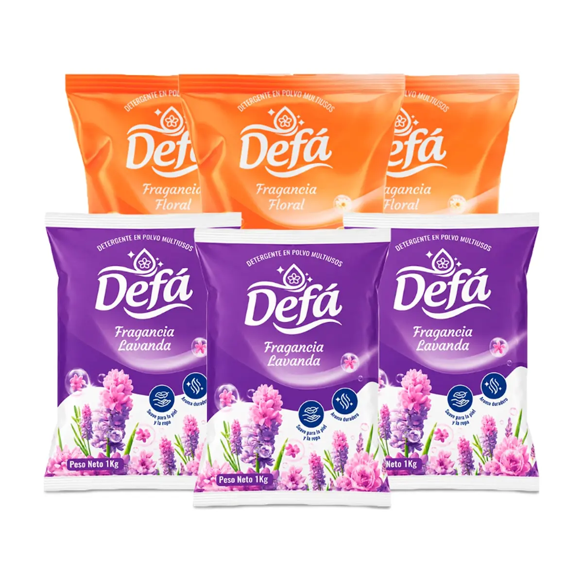 Combo de detergentes Defá #3: Detergente en polvo multiusos fragancia de lavanda Defá + Detergente en polvo multiusos fragancia floral Defá