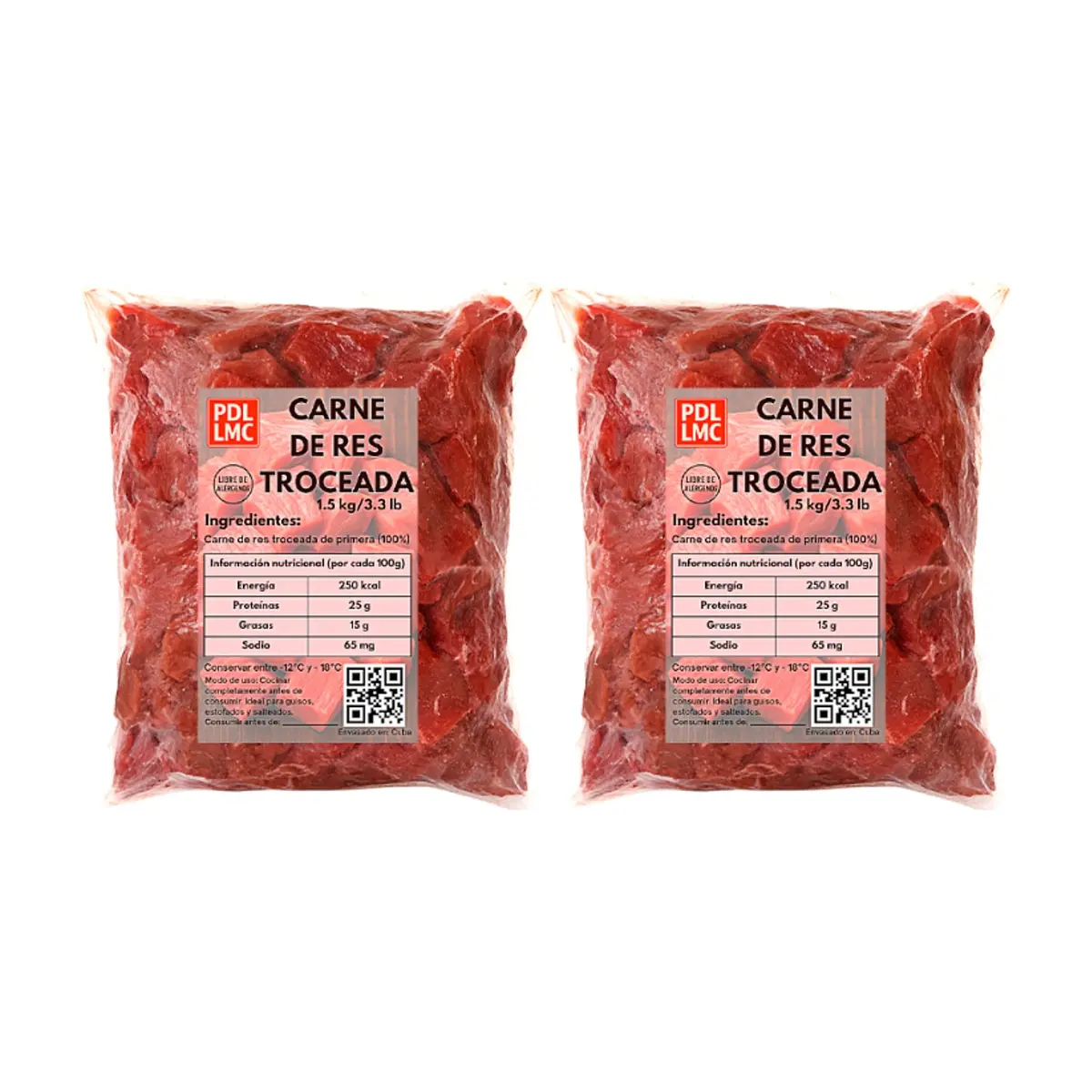 Carne troceada de res de primera PDL LMC (2 x 1.5 kg / 3.3 lb)