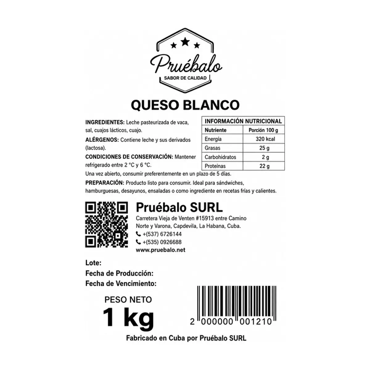 Queso blanco Pruébalo (1 kg / 2.2 lb) - Miniatura 2