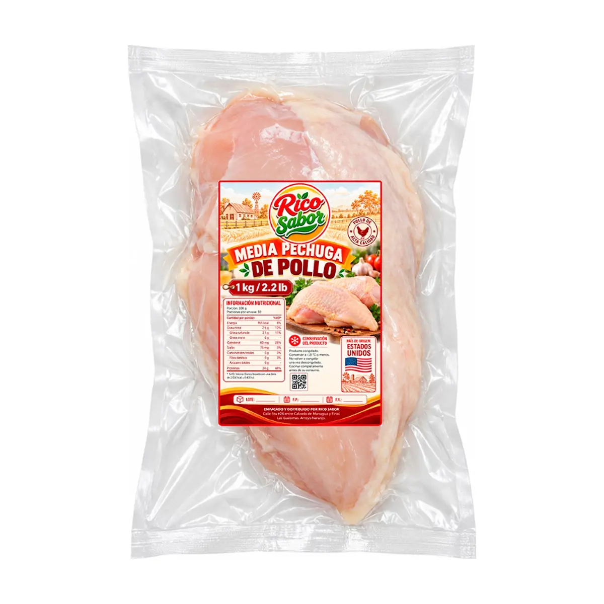 Media pechuga de pollo con piel y sin hueso Rico Sabor (1 kg / 2.2 lb) - Miniatura 1