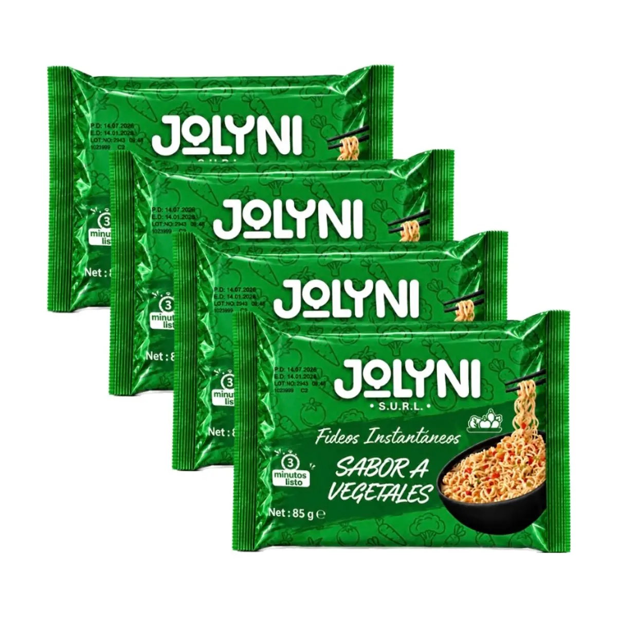 Sopa de fideos instantáneos sabor a vegetales Jolyni (4 x 85 g / 3 oz)