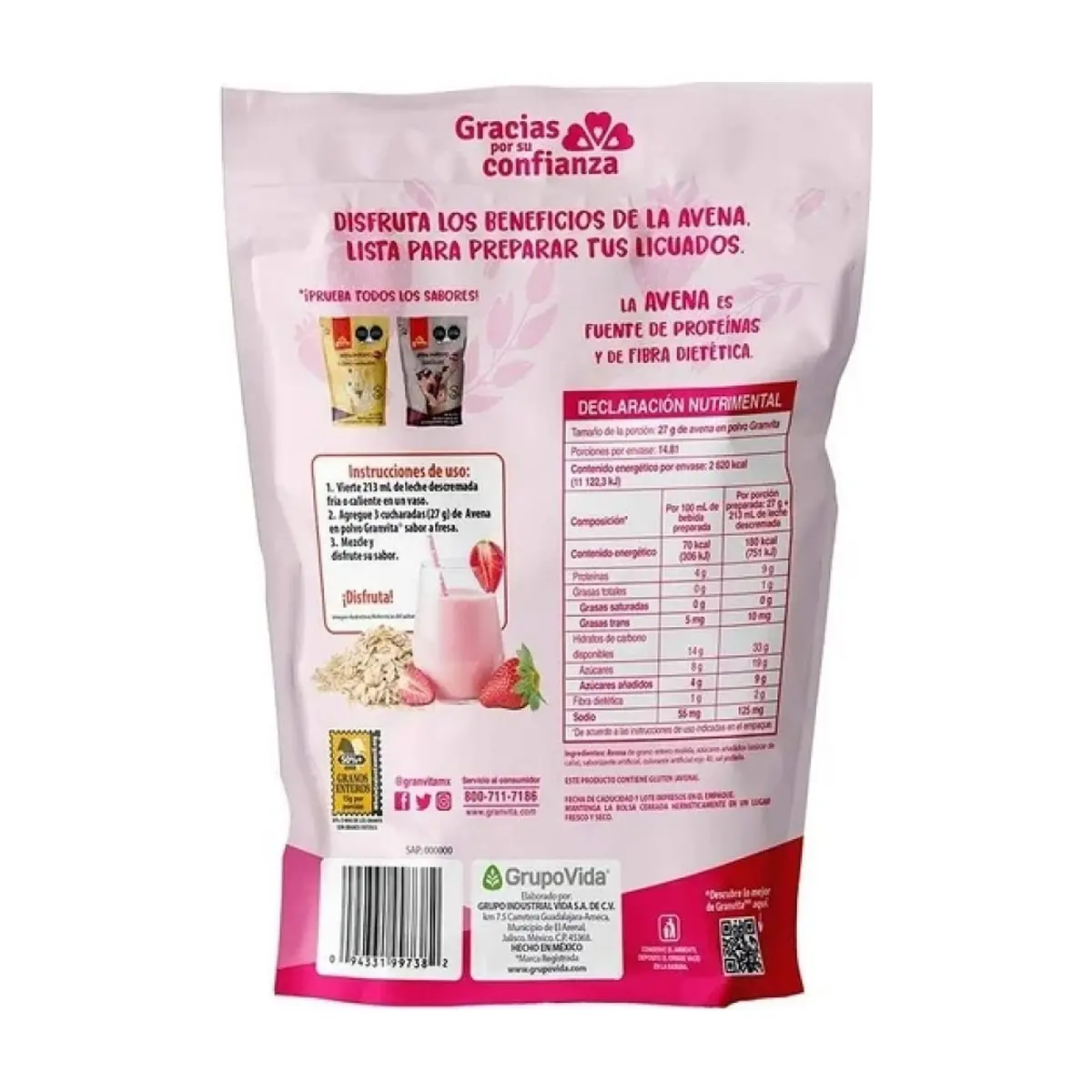 Avena en polvo sabor fresa Granvita (400 g / 14.1 oz) - Thumbnail 5