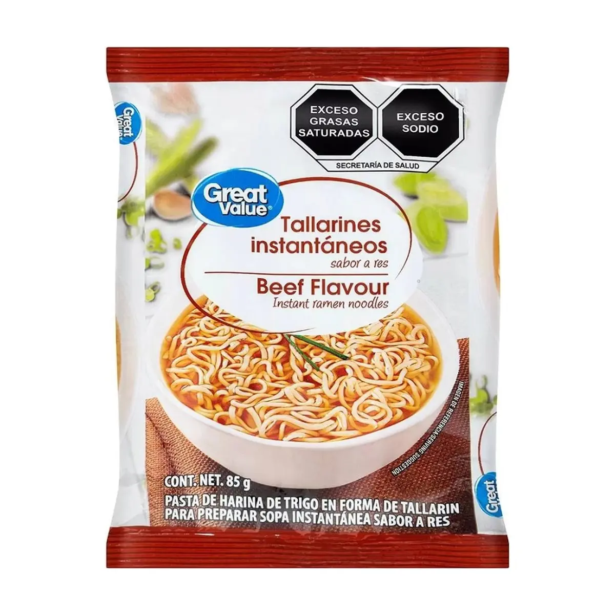 Sopa - tallarines- instantáneos sabor a res Great Value (85 g / 3 oz)