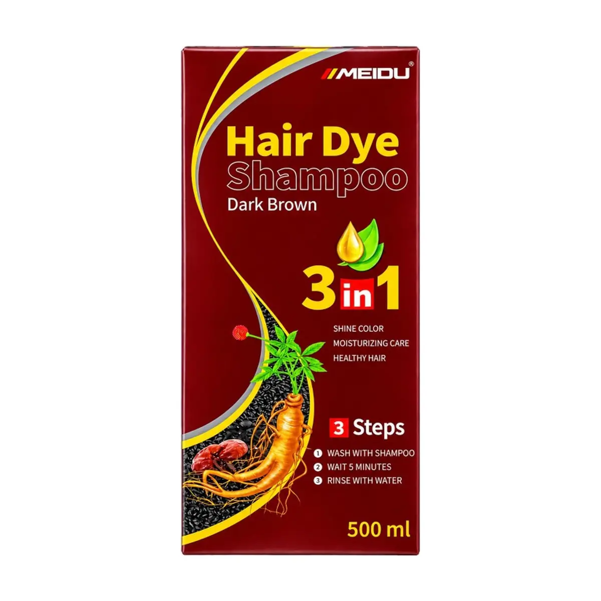Champú tinte para el cabello castaño oscuro 3 en 1 Meidu (500 ml / 16.9 oz)