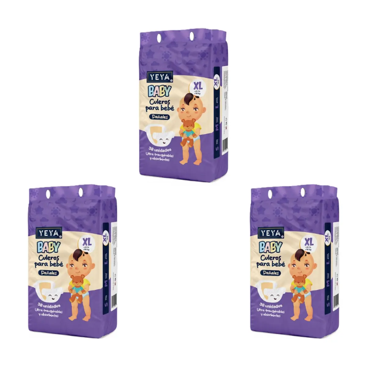 Pañales desechables para bebé talla XL YEYA (3 x 38 U)