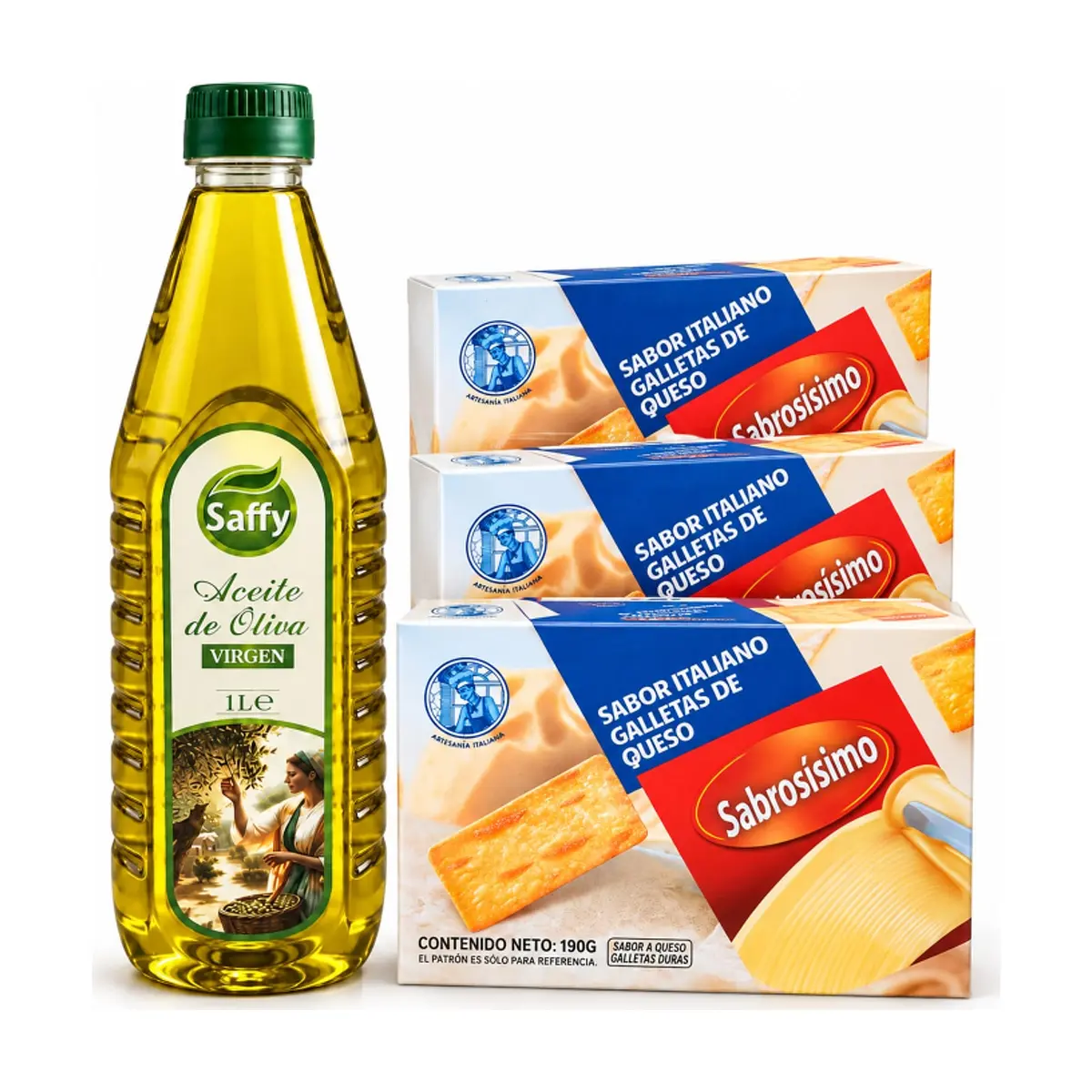 Combo Aceite de oliva virgen Saffy (1 L) + Galletas de queso Sabrosísimo (3 x 190 g / 6.70 oz)