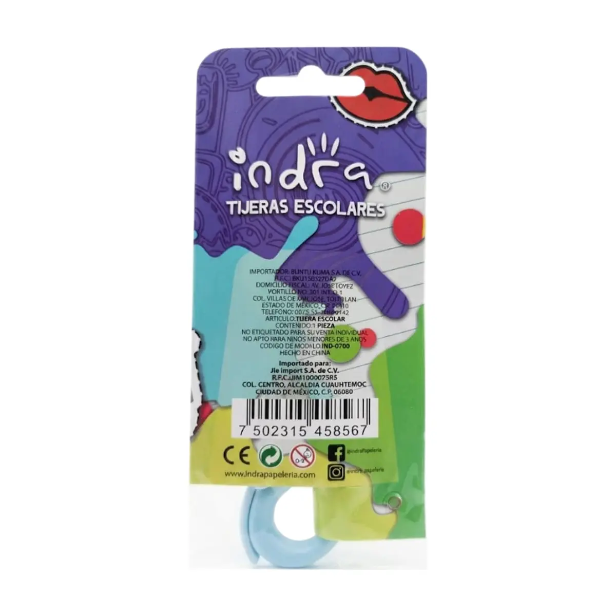 Tijera escolar automática con funda de plástico azul y verde Indra - Miniatura 2