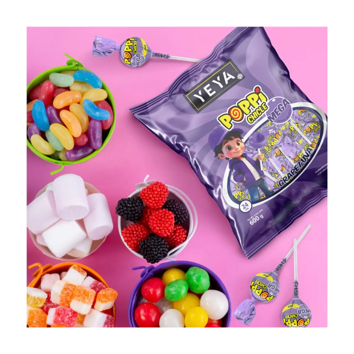 Chupa chupas con relleno de chicle sabor uva YEYA (5 x 600 g / 1.32 lb) - Miniatura 3