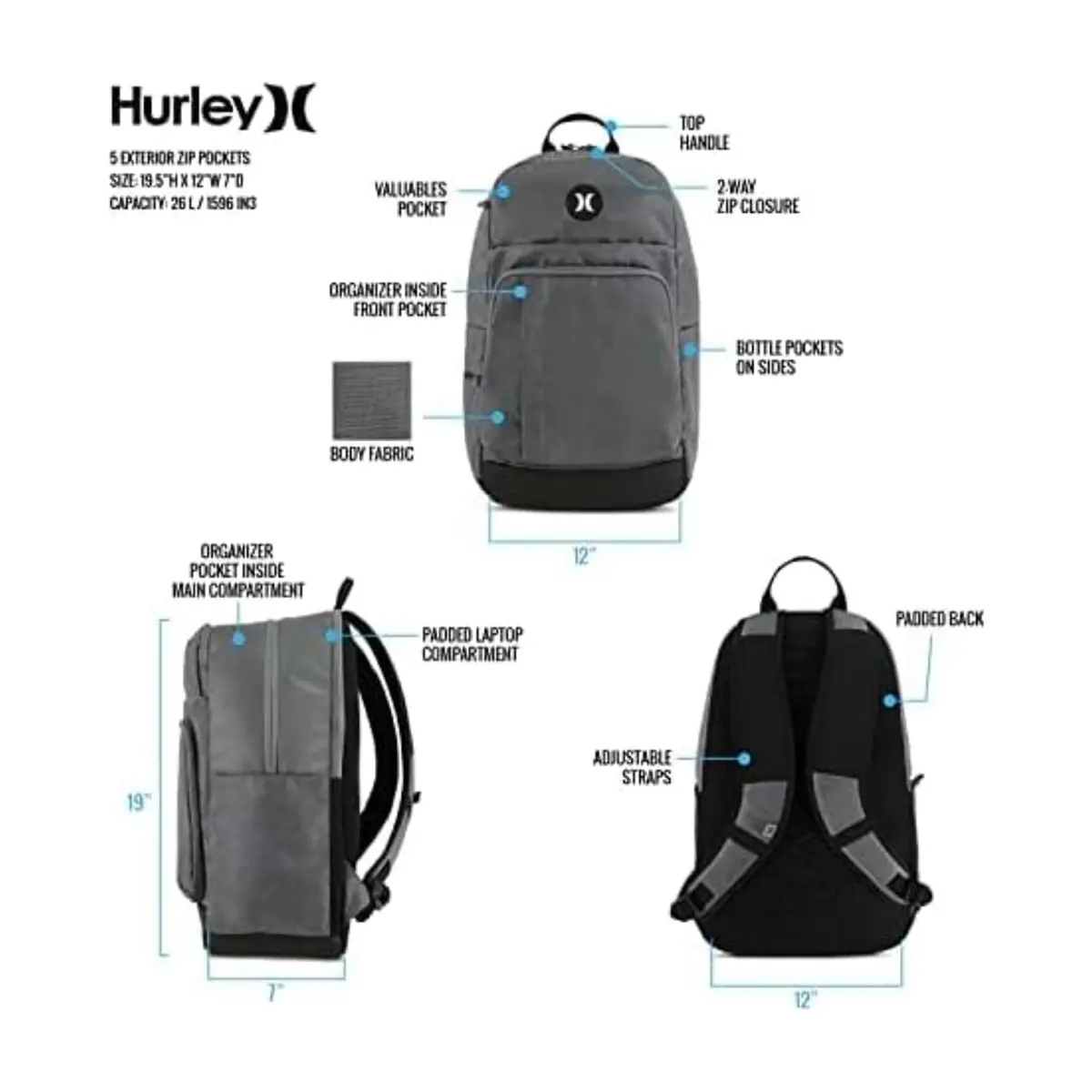 Mochila clásica negra Hurley Black/Icon - Miniatura 3