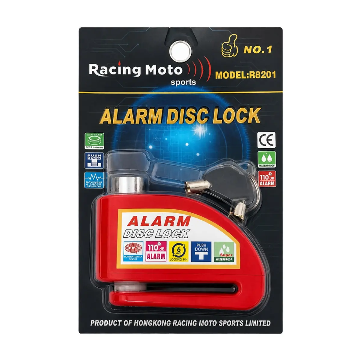 Candado de disco para motocicleta con alarma antirrobo de 110 dB Racing Moto R8201 - Thumbnail 2