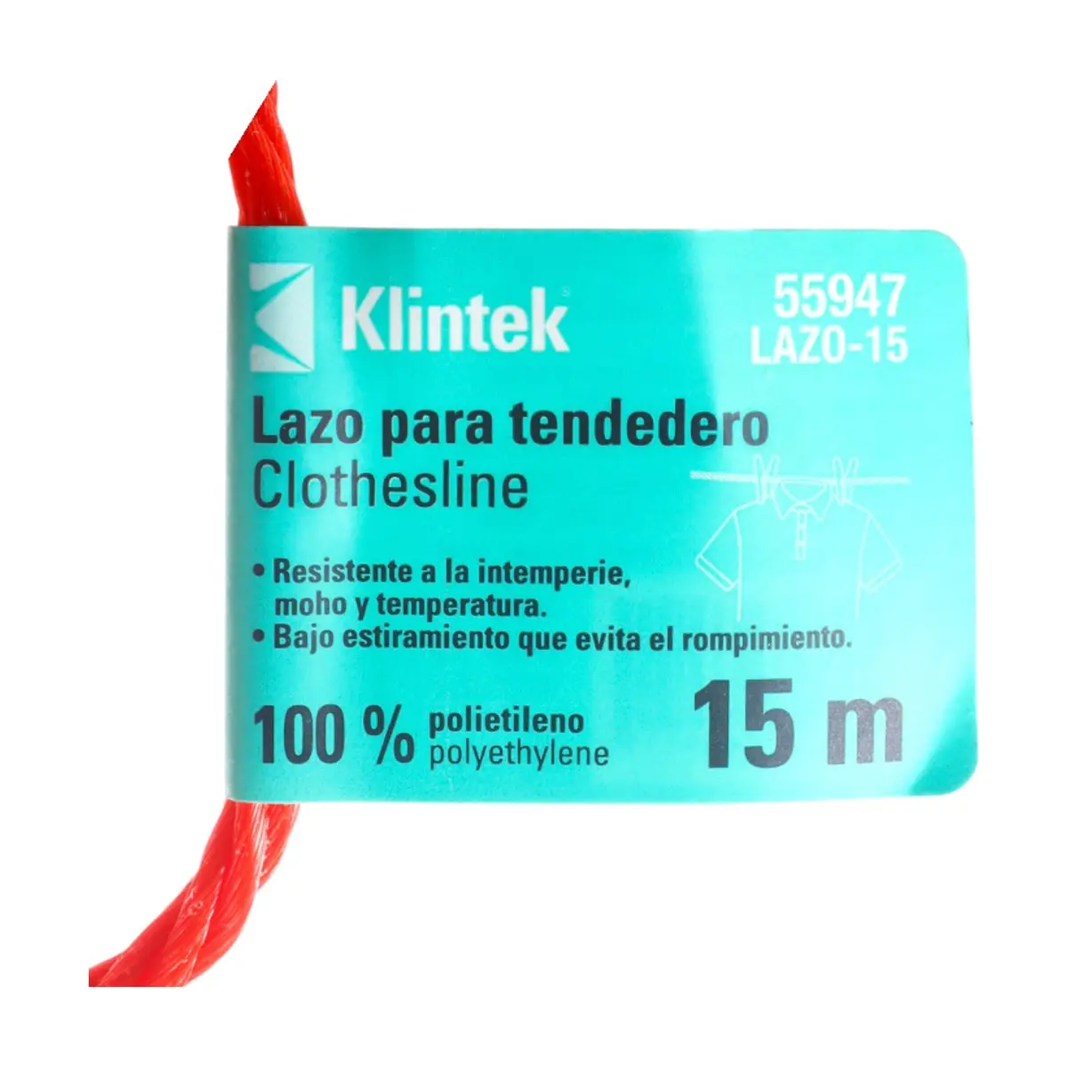 Lazo para tendedero de 15 m de largo color rojo Klintek 55947 - Thumbnail 4