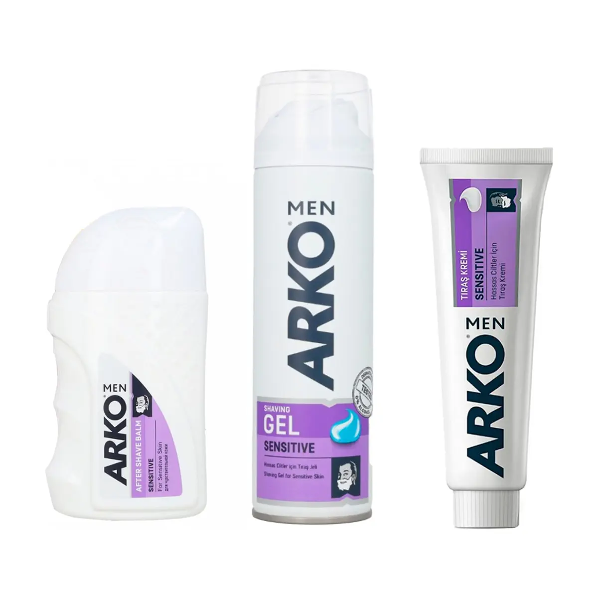 Gel de afeitar sensible + Bálsamo para después del afeitado sensible + Crema de afeitar para pieles extra sensibles.