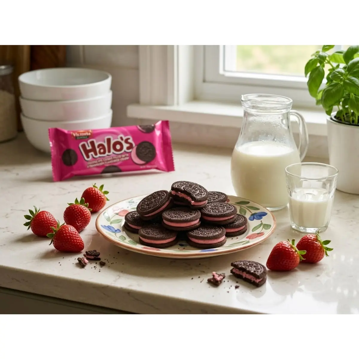 Galletas de chocolate rellenas con crema sabor fresa Victoria Garden Halo’s (30 g / 1.05 oz) - Thumbnail 4