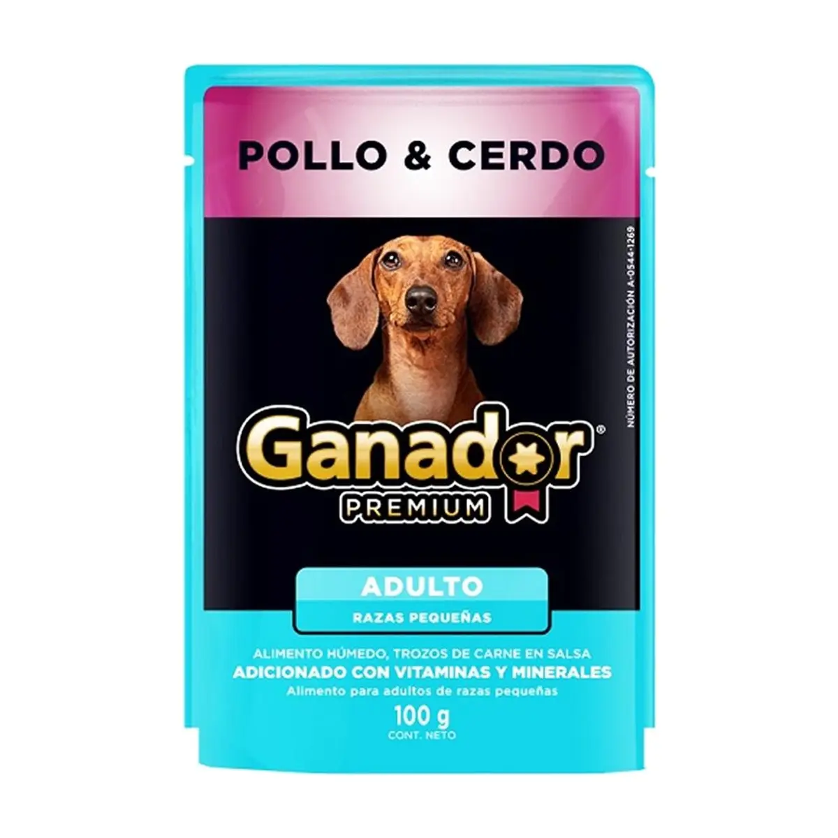 Alimento húmedo para perro adulto raza pequeña trozos de carne en salsa pollo y cerdo Ganador Premium (100 g / 3.5 oz)