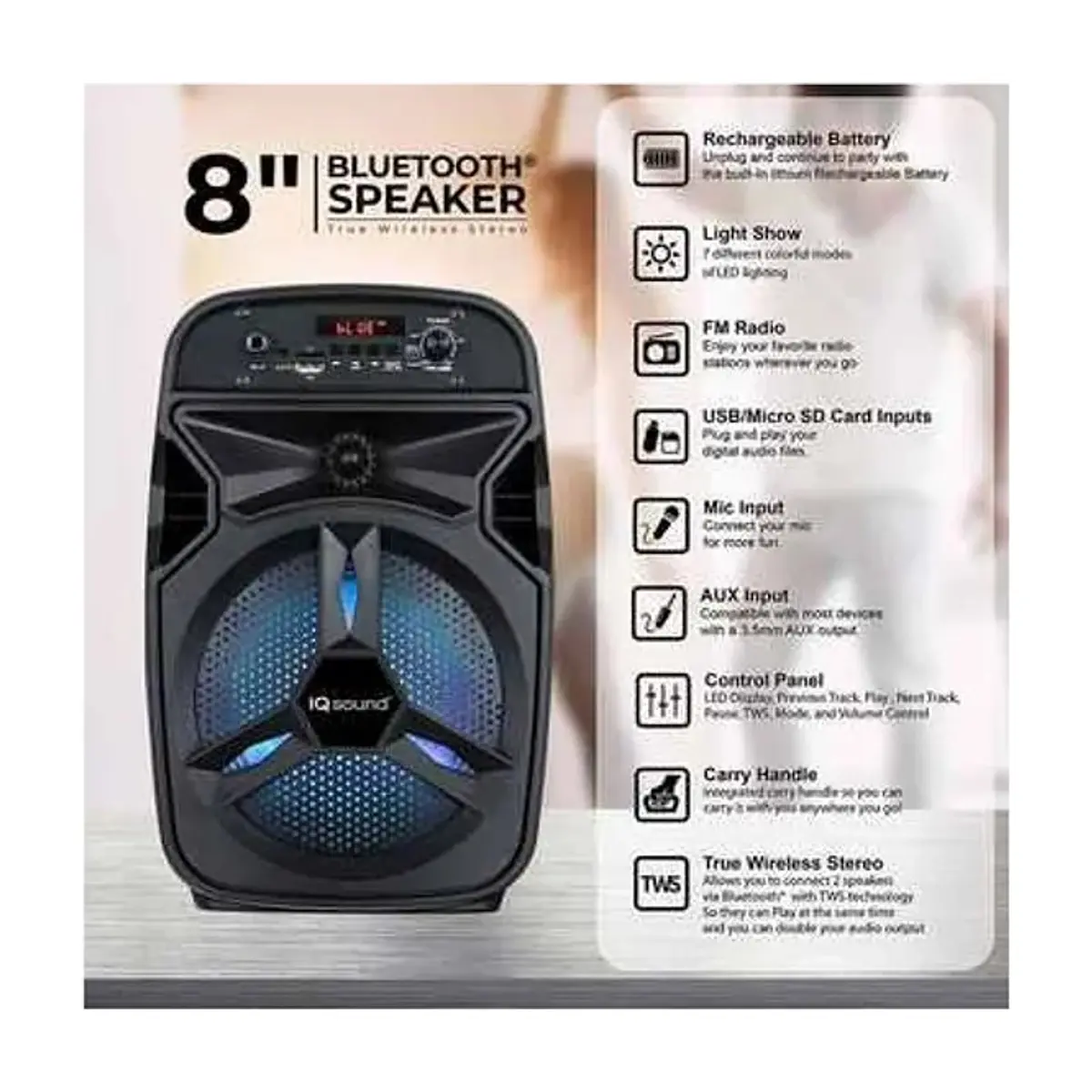 Altavoz portátil Bluetooth de fiesta IQ Sound de 8" - Thumbnail 2