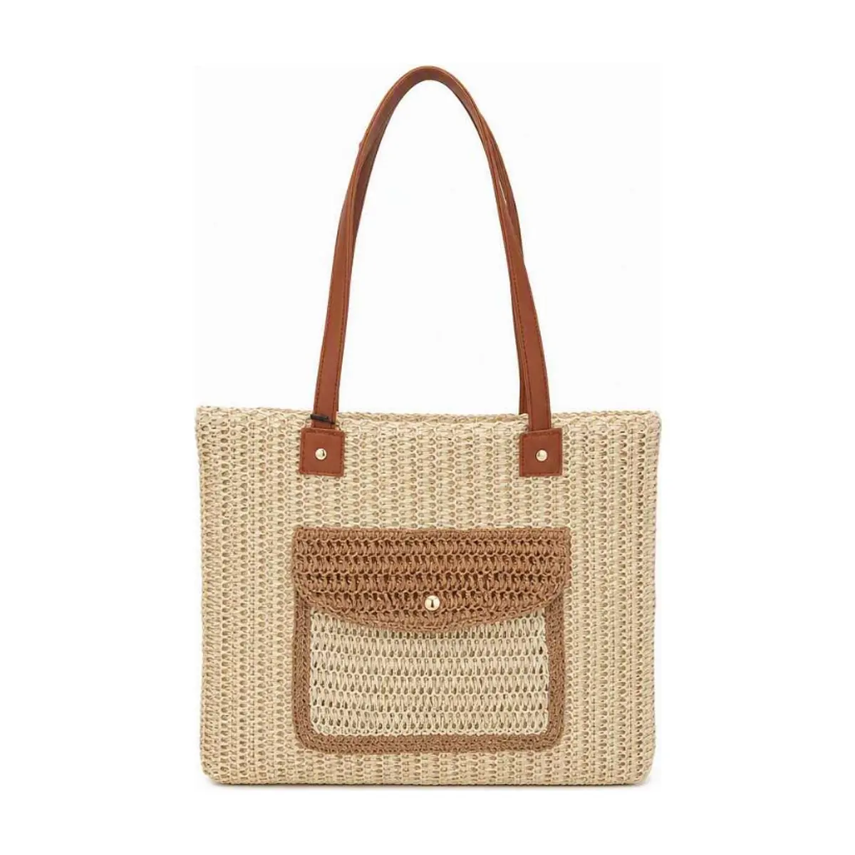 Bolso tote de playa tejido en beige con detalles en marrón y asas de piel Isabella (1 U)
