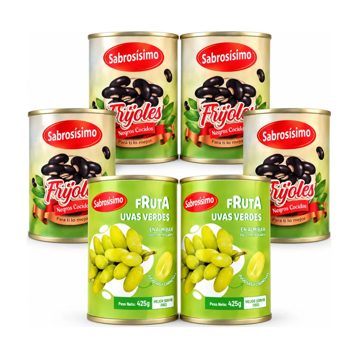 Combo Frijoles negros cocidos Sabrosísimo (4 x 400 g / 14.11 oz) + Uvas verdes en almíbar Sabrosísimo (2 x 425 g / 14.99 oz)