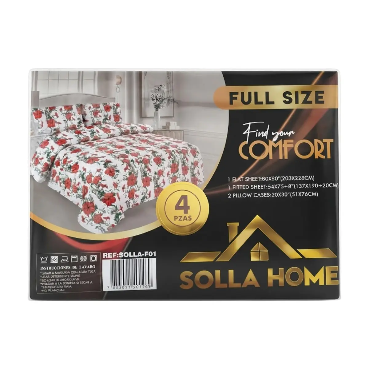 Juego de sábanas Full Size de cuatro piezas con estampado floral de enredaderas rojas sobre fondo blanco Solla Home - Miniatura 3