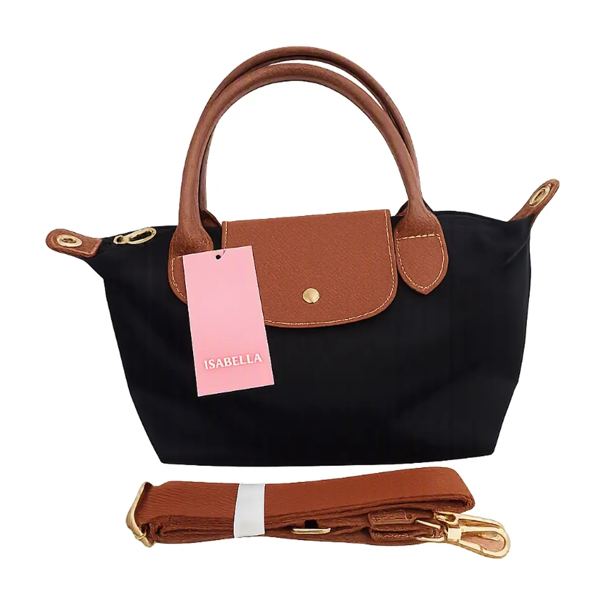 Bolso tote de nailon negro con detalles de piel y asas extraíbles Isabella