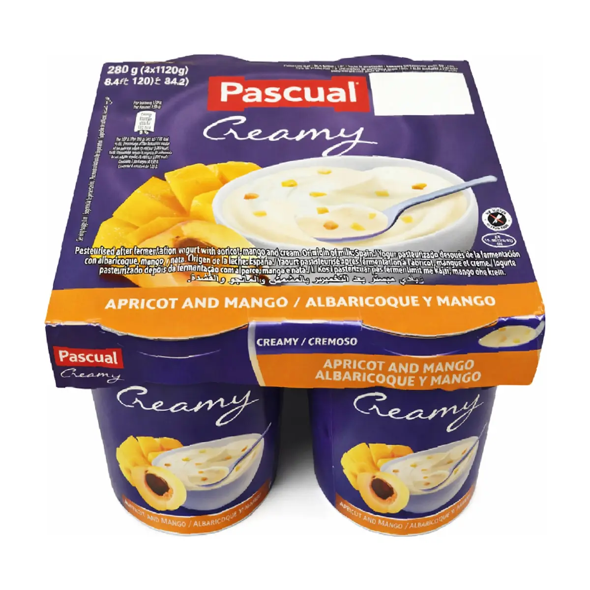 Yogur cremoso pasteurizado después de la fermentación con albaricoque, mango y nata Pascual (4 x 120 g / 4.23 oz) - Imagen 1