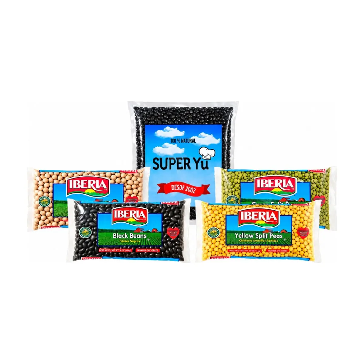 Combo fríjoles negros Super Yu, garbanzos, chícharos amarillos, chícharos verdes y frijoles negros Iberia - Miniatura 1