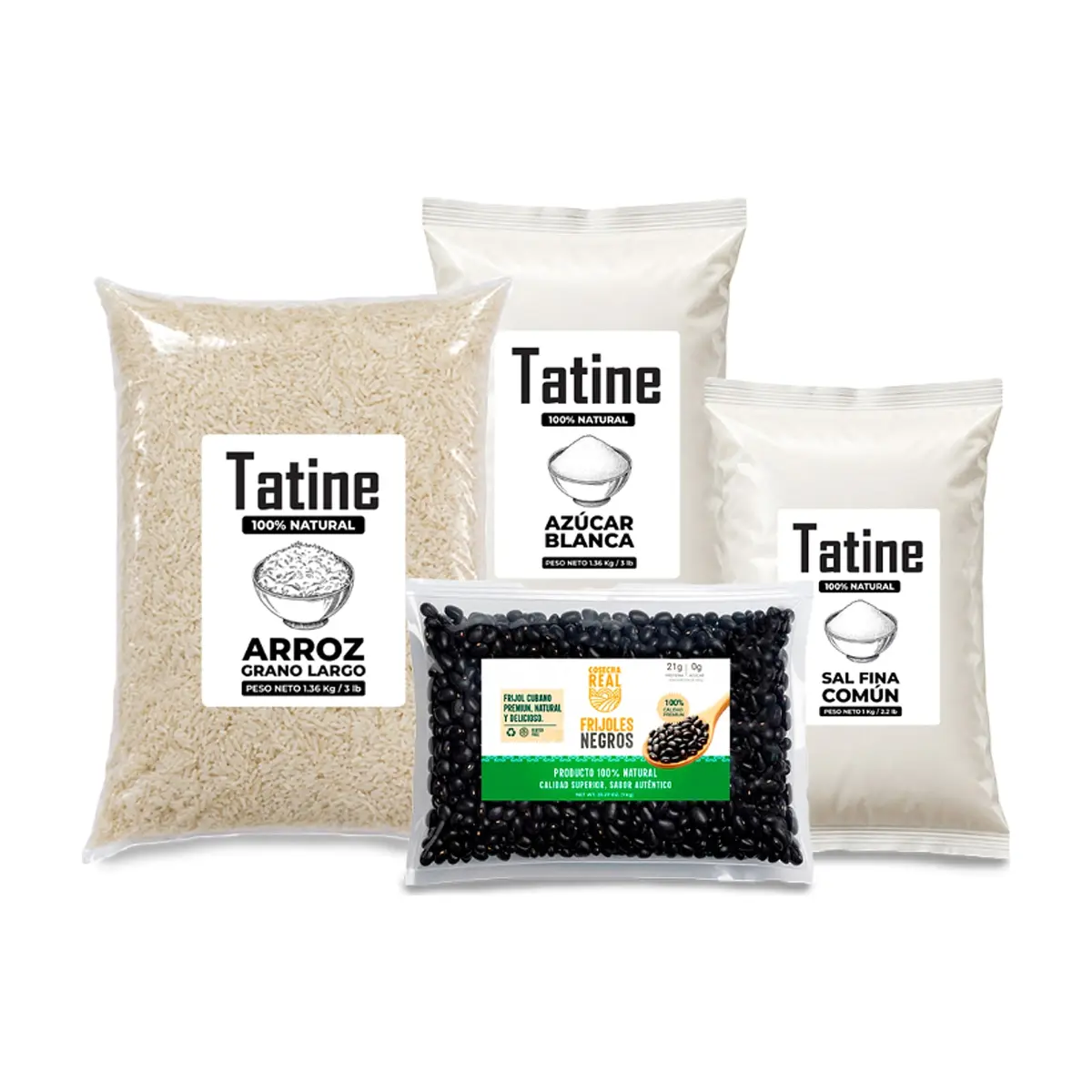 Combo básico de cocina #14: Frijoles negros Cosecha Real + Arroz de grano largo Tatine+ Sal fina común Tatine + Azúcar blanca Tatine