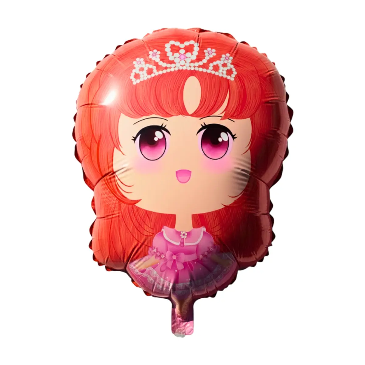 Globo metálico con forma de princesa con pelo rojo y vestido rosado para fiestas y cumpleaños DBCY