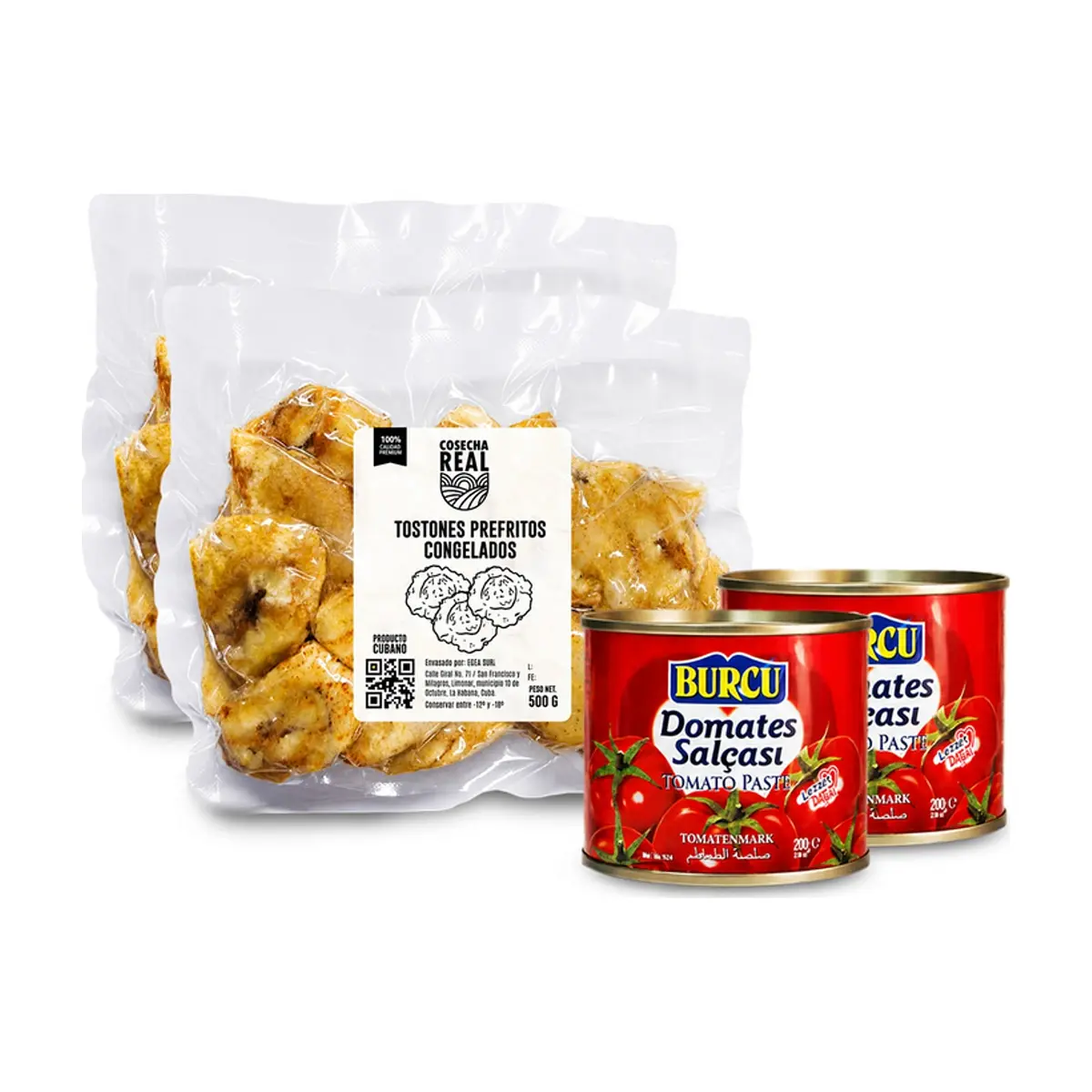 Combo criollo #1: Tostones prefritos congelados Cosecha Real + Pasta de tomate Burcu