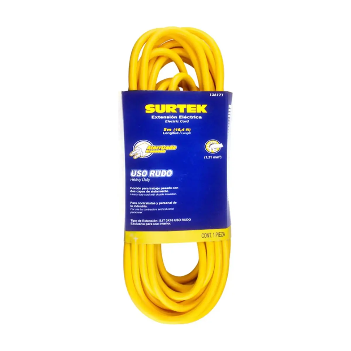 Extensión eléctrica uso rudo color amarillo 5 m Surtek 136171 - Thumbnail 2