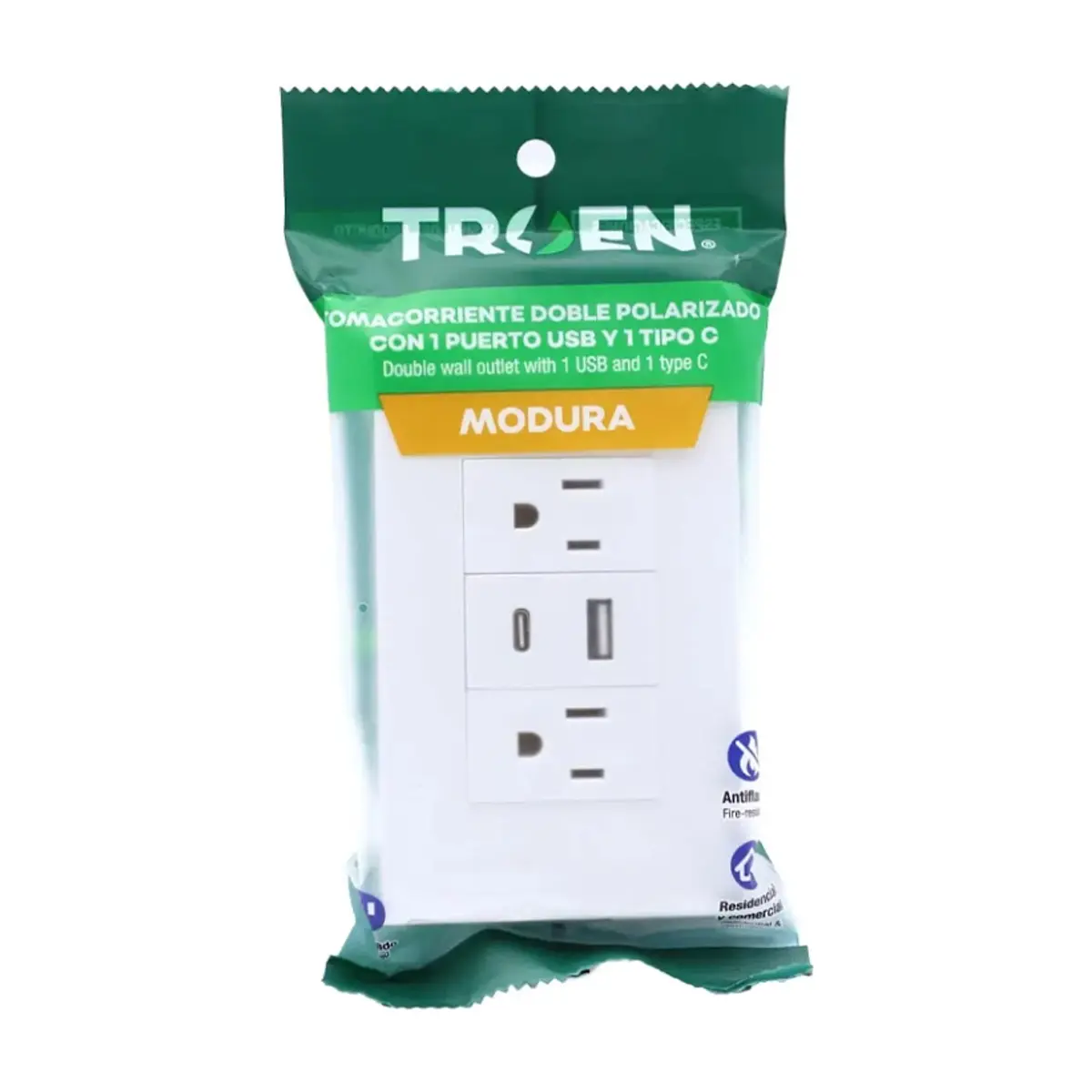 Tomacorriente doble polarizado con puerto USB y puerto C de 15 A Troen