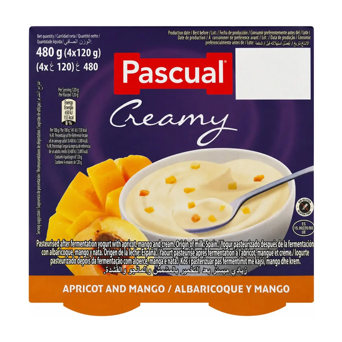 Yogur cremoso pasteurizado después de la fermentación con albaricoque, mango y nata Pascual (8 x 120 g / 4.23 oz) - Miniatura 2