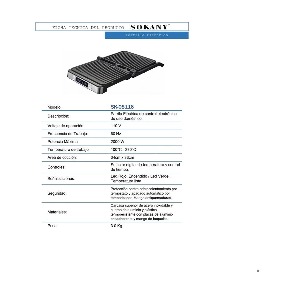 Parrilla sanwichera digital Sokany SK-08116 - Thumbnail 4