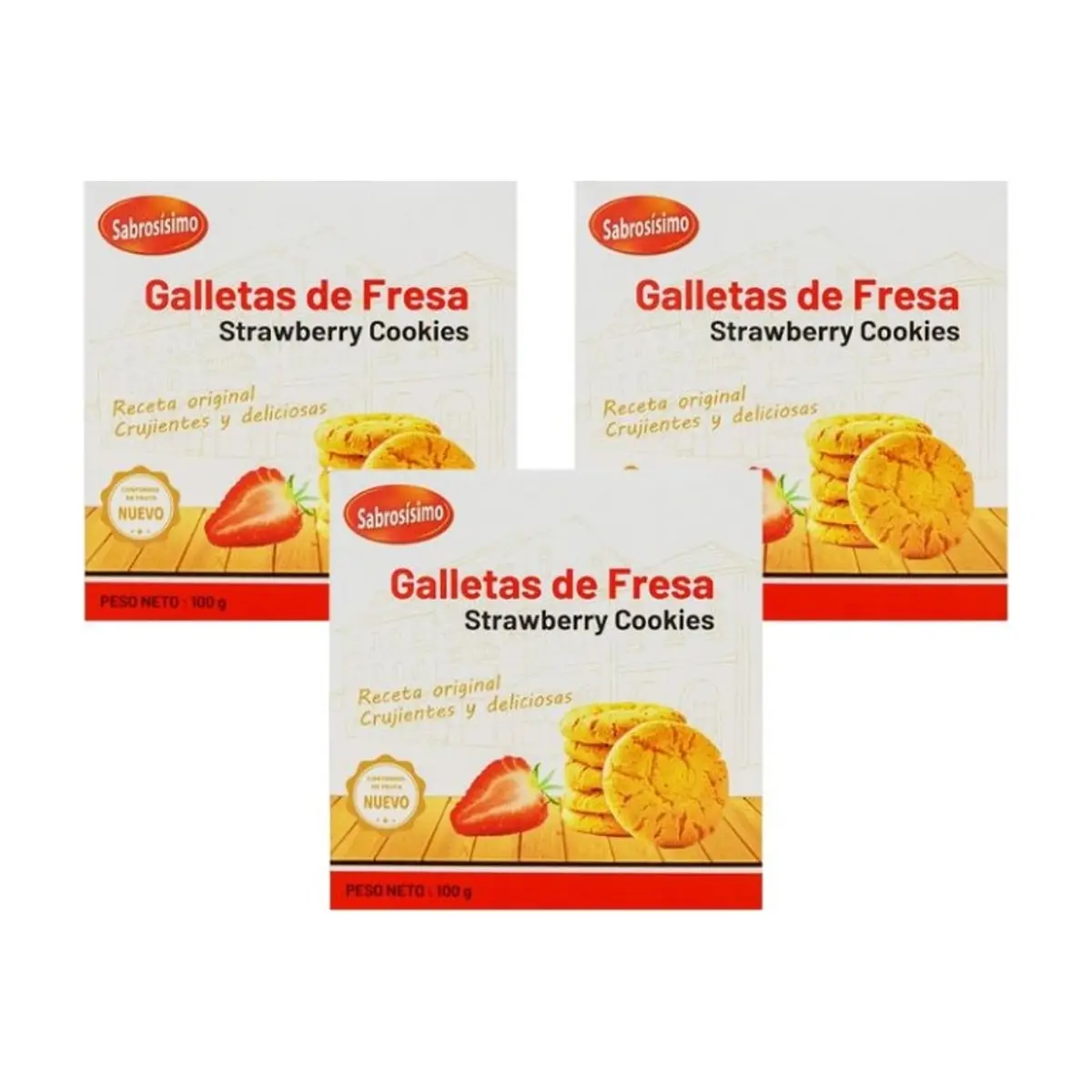 Galletas de mantequilla con sabor a fresa Sabrosísimo (3 x 100 g / 3.52 oz) - Miniatura 1