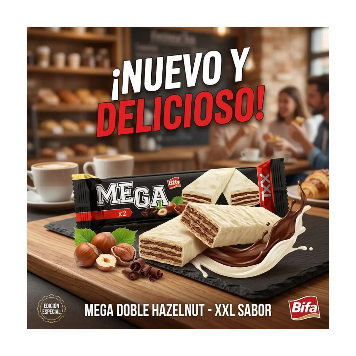 Wafer rellena de crema de cacao con avellana y cubierta de chocolate blanco Mega Bifa (100 g / 3.52 oz) - Miniatura 4