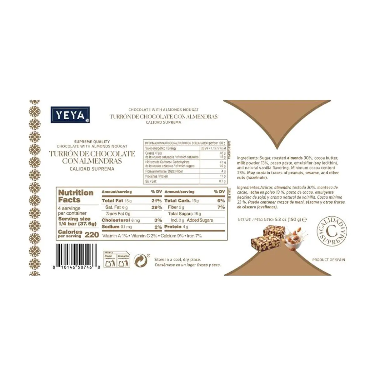 Turrón de chocolate con almendras Calidad suprema YEYA (150 g / 5.3 oz) - Thumbnail 2