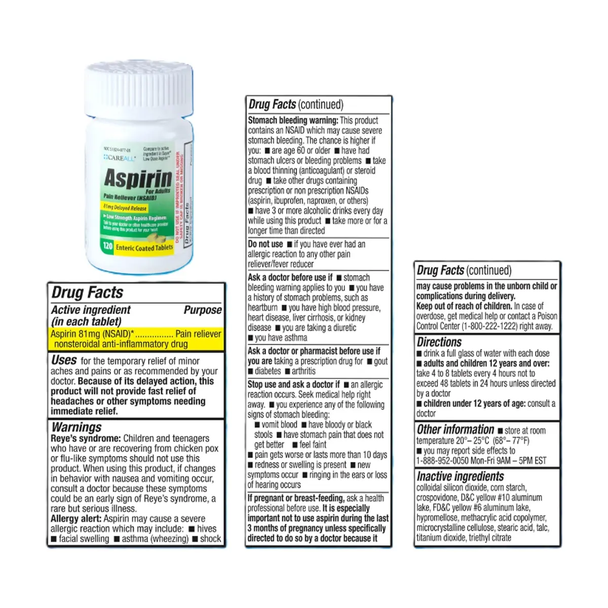 Aspirina. Ácido acetilsalicílico 81 mg CAREALL (120 tabletas) - Miniatura 3