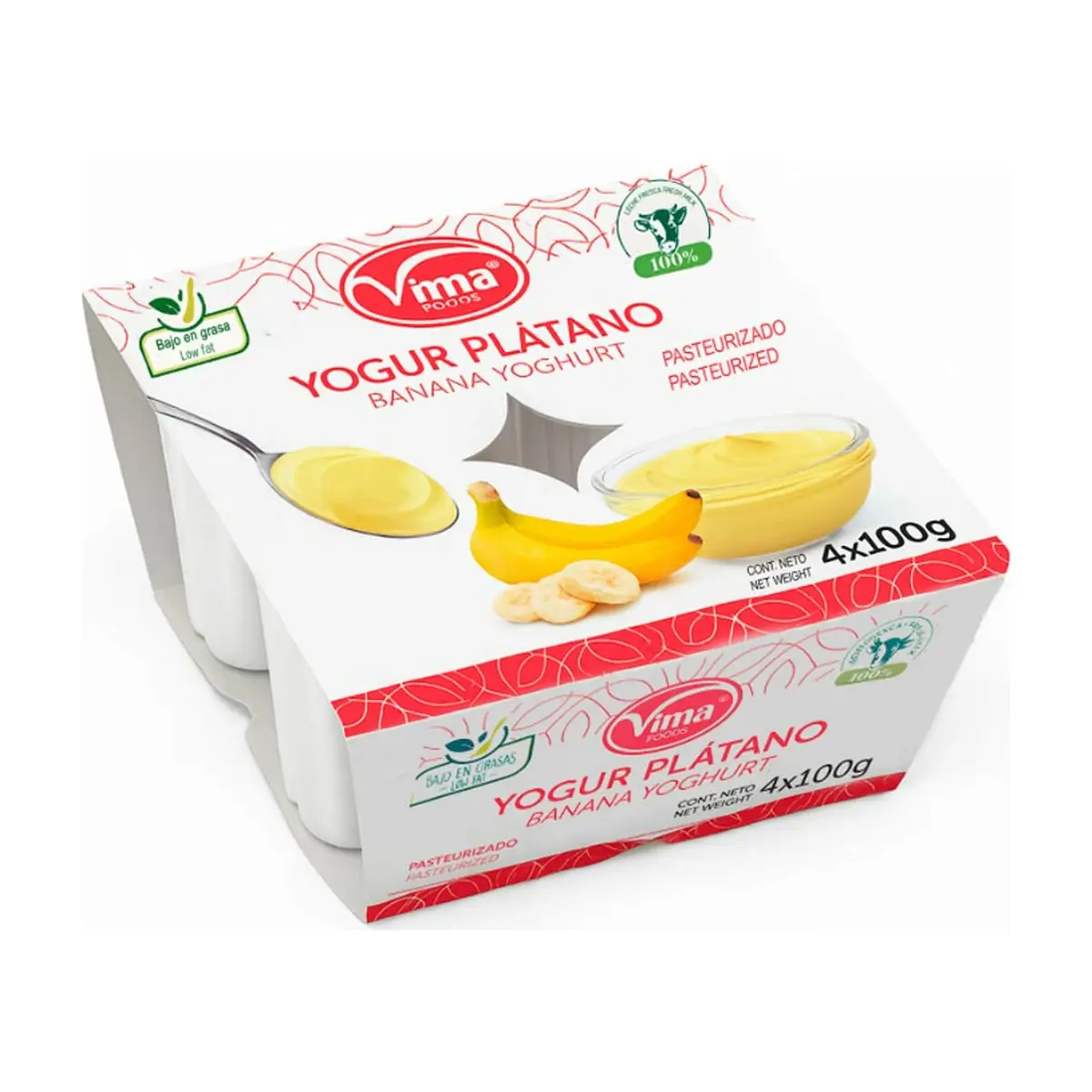 Yogurt pasteurizado sabor plátano Vima Foods (4 x 100 g / 3.52 oz) - Miniatura 1