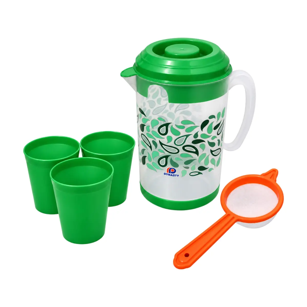 Juego verde de jarra plástica con tapa, vasos y colador CasaBlaca