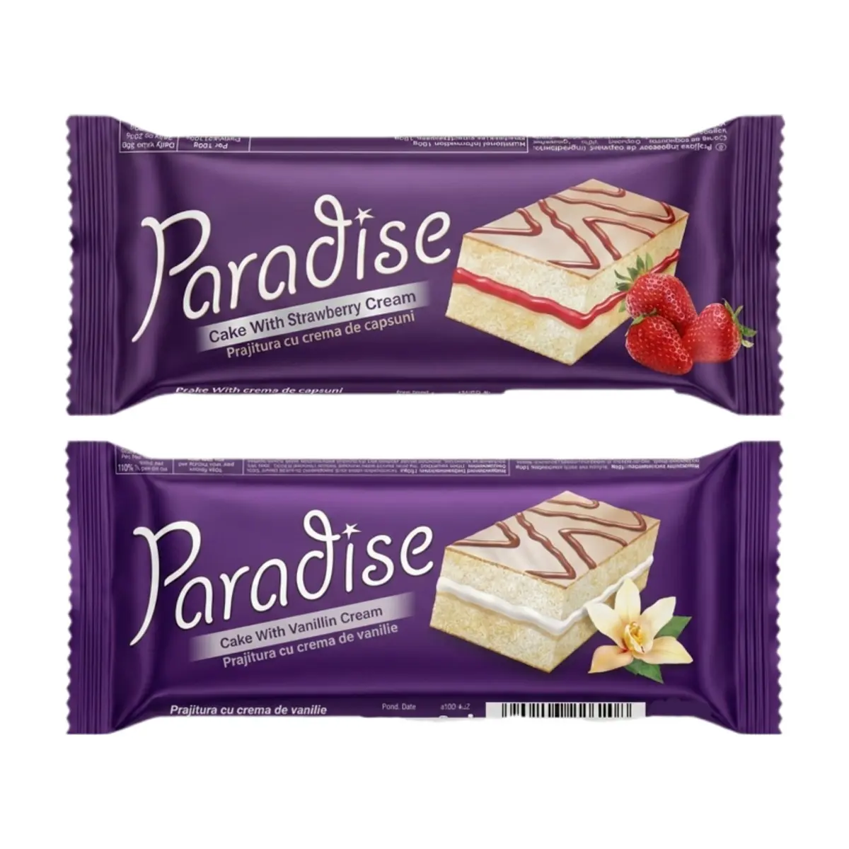 Pastelitos Paradise Simsek rellenos de crema de vainilla y fresa con cobertura de chocolate blanco