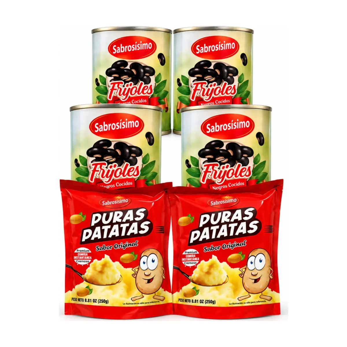 Combo Puré de puras patatas instantáneo Sabrosísimo (2 x 250 g / 8.82 oz) +  Frijoles negros cocidos Sabrosísimo (4 x 400 g / 14.11 oz)