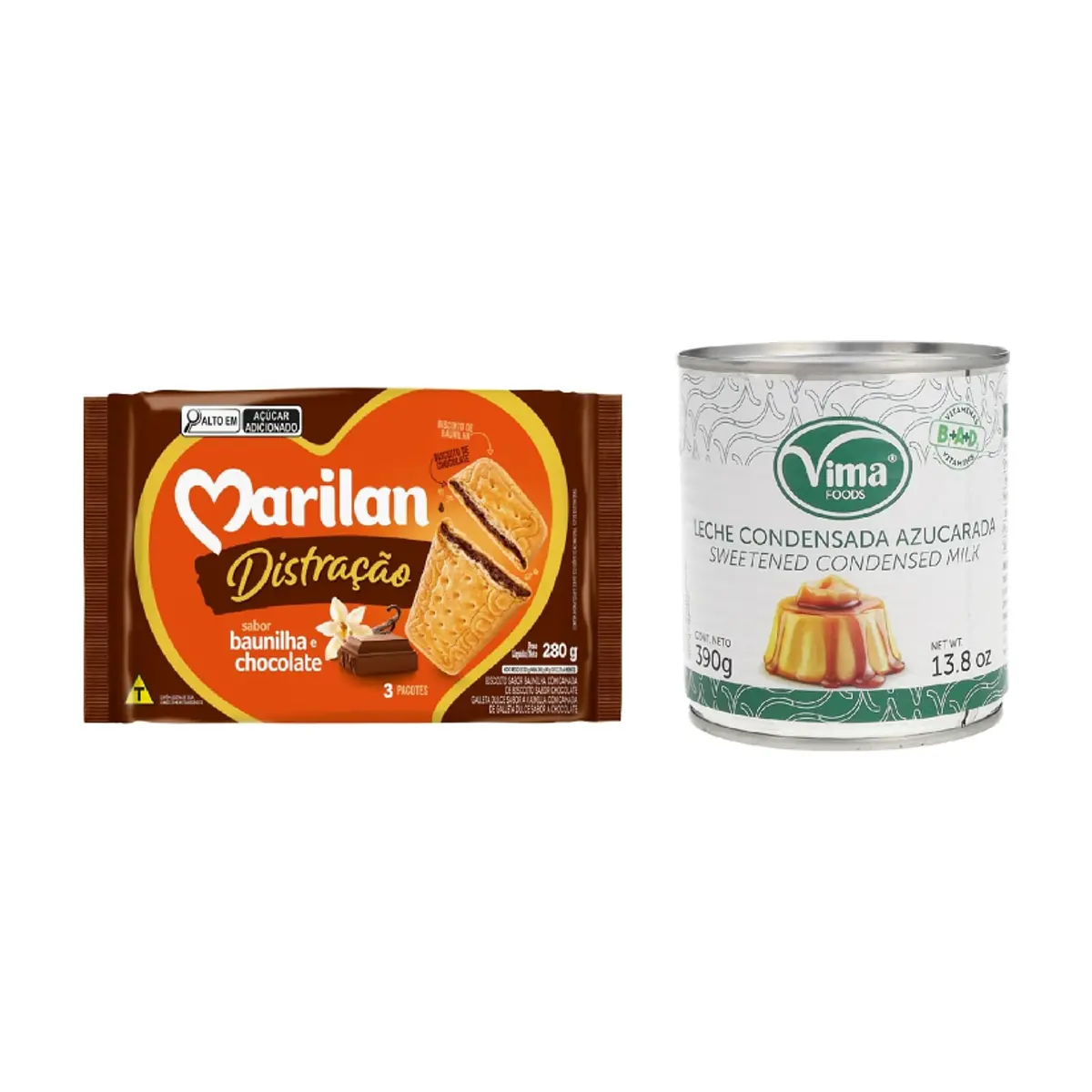 Leche condensada azucarada Vima Foods (390 g / 13.8 oz) + Galleta triple capa sabor vainilla con chocolate Distracao Marilan (280 g / 9.88 oz) - Miniatura 1