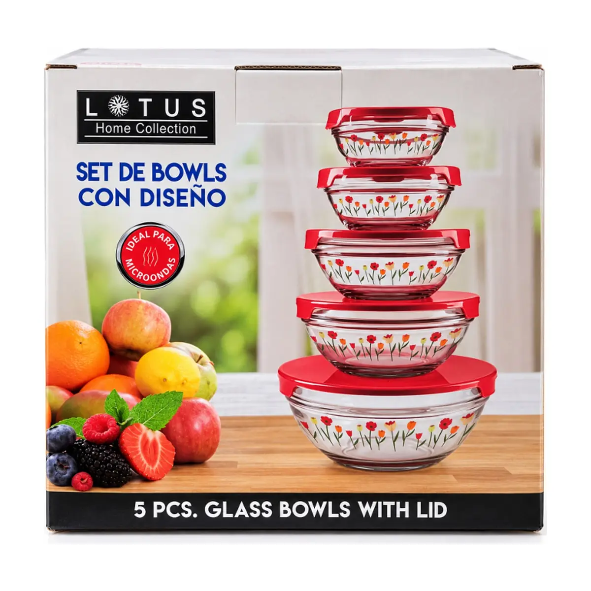 Set de 5 pozuelos de vidrio con tapas y diseño floral LOTUS Home Collection - Miniatura 2