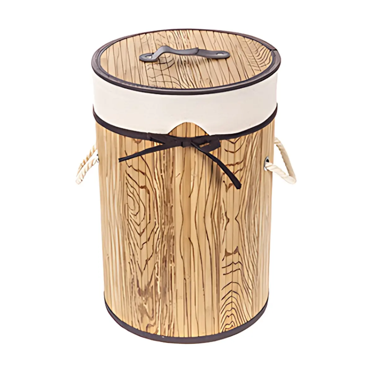 Ropero de bambú plegable redondo natural con lazo de 28 cm x 42 cm