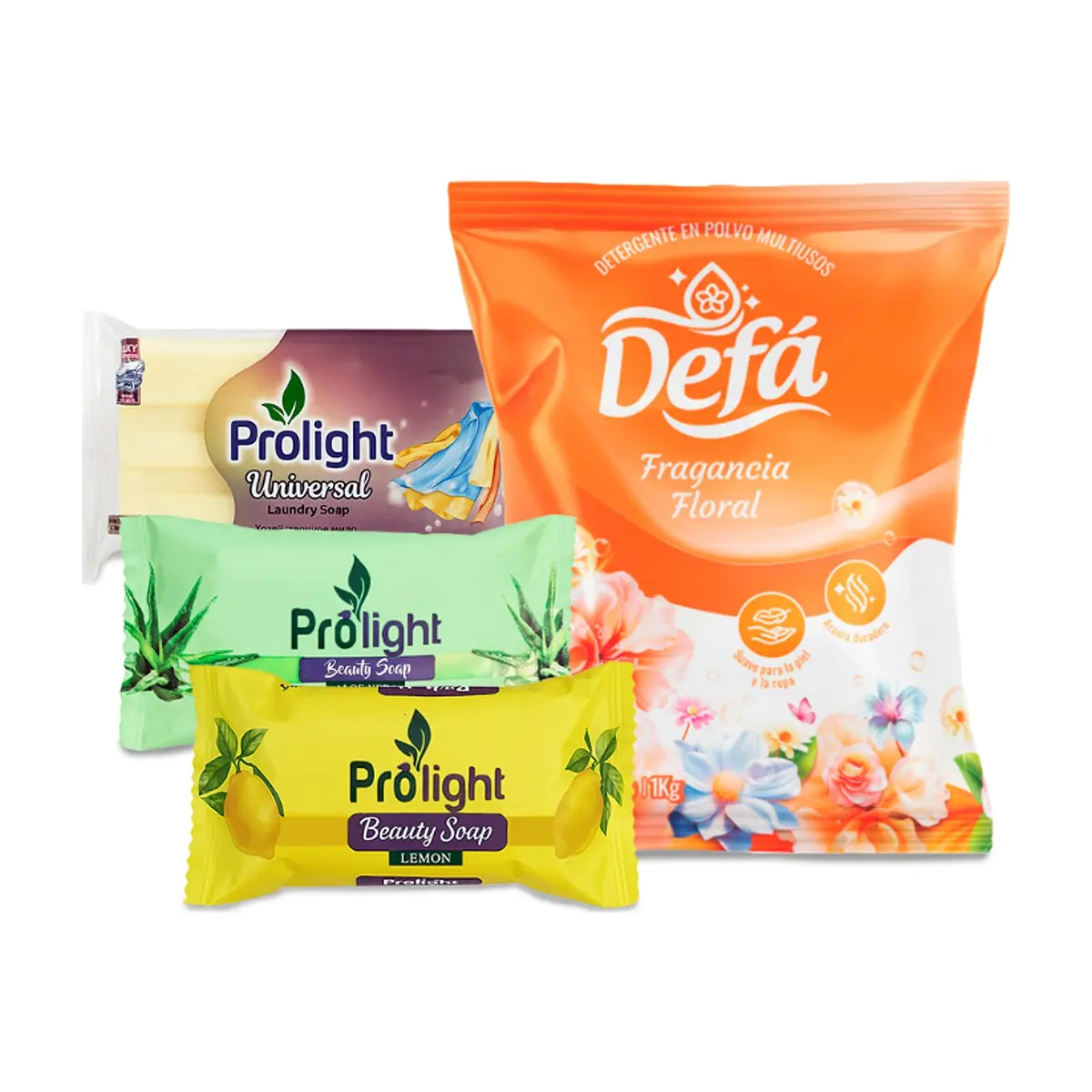 Combo de jabones y detergentes #8: Detergente en polvo multiusos fragancia floral Defá + Jabón de belleza Prolight + Jabón de lavar con enzimas Prolight - Imagen 1