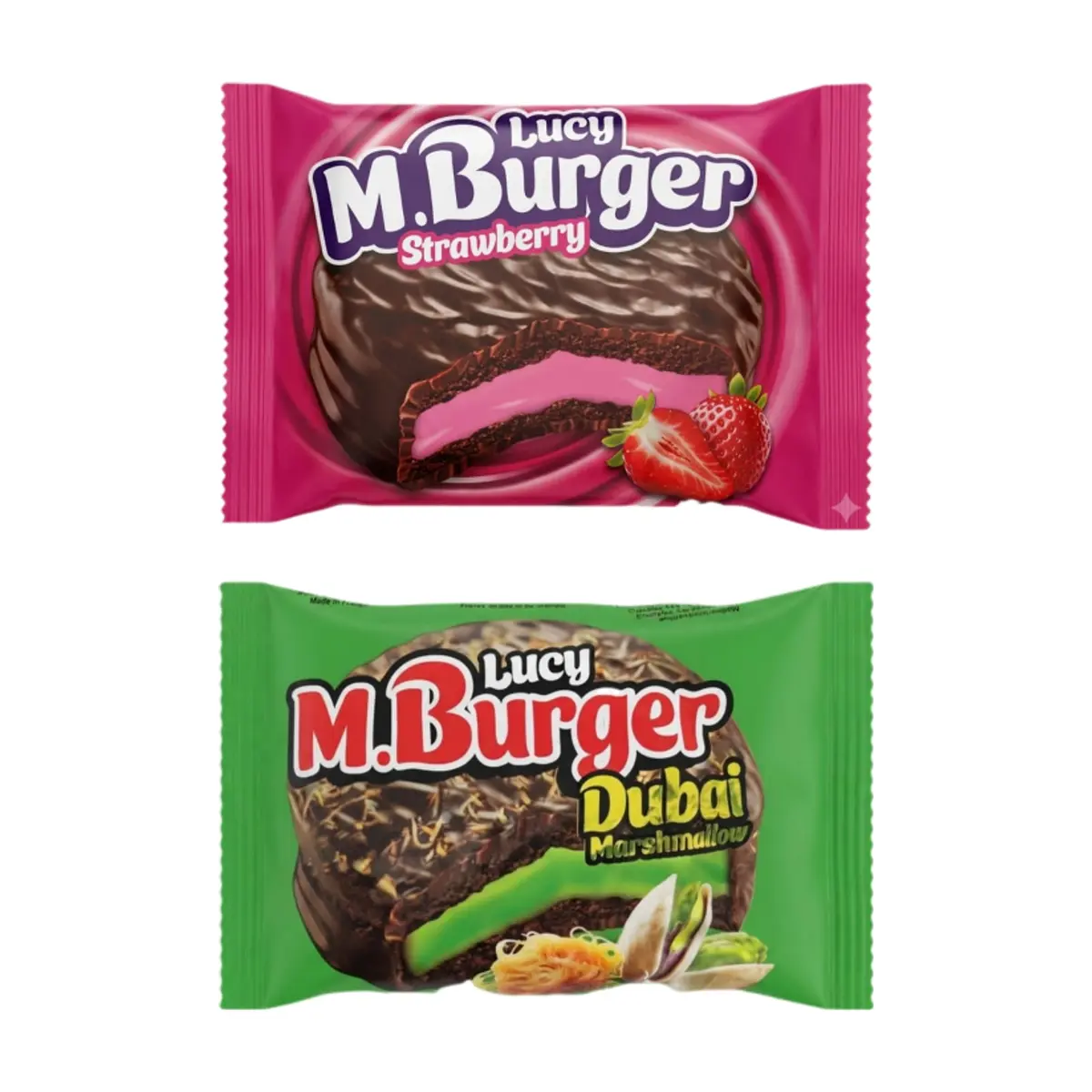 Alfajores de chocolate rellenos de malvavisco y cremas de fresa y pistacho M. Burger - Imagen 1