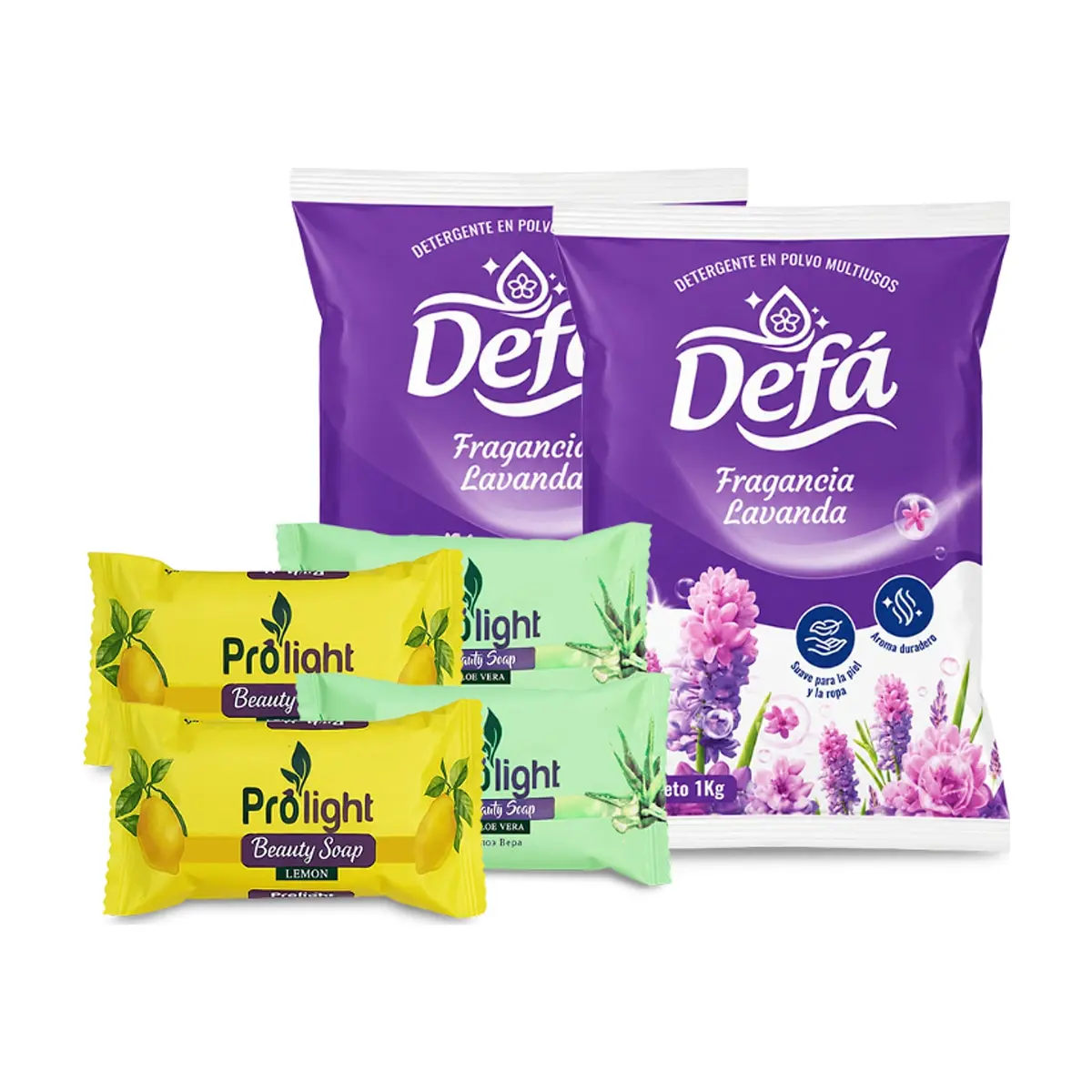 Combo Aseo y Limpieza #7: Detergente en polvo multiusos fragancia de lavanda Defá + Jabón de belleza con fragancia aloe vera Prolight + Jabón de belleza con fragancia a limón Prolight